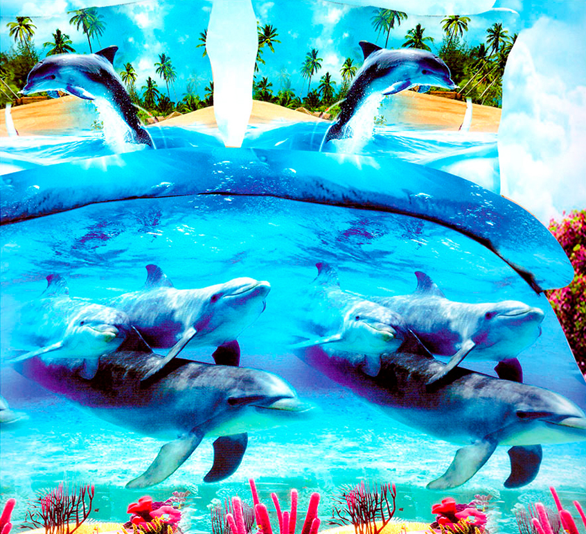 3D posteľné obliečky na jednolôžko - Delfíny (obliečka na vankúš 70 x 90 cm a obliečka na paplón 140 x 200 cm)