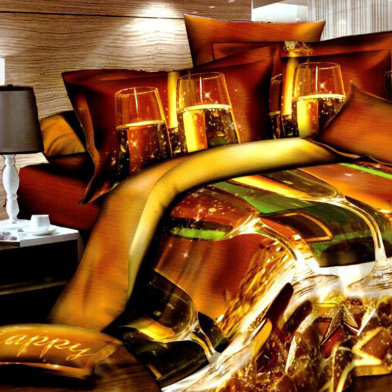 3D posteľné obliečky na jednolôžko -  Poháre so šampanským (obliečka na vankúš 70 x 90 cm a obliečka na paplón 140 x 200 cm)