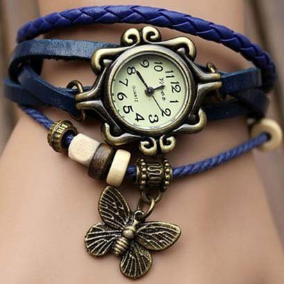 Retro hodinky s motýlikom, farba modrá