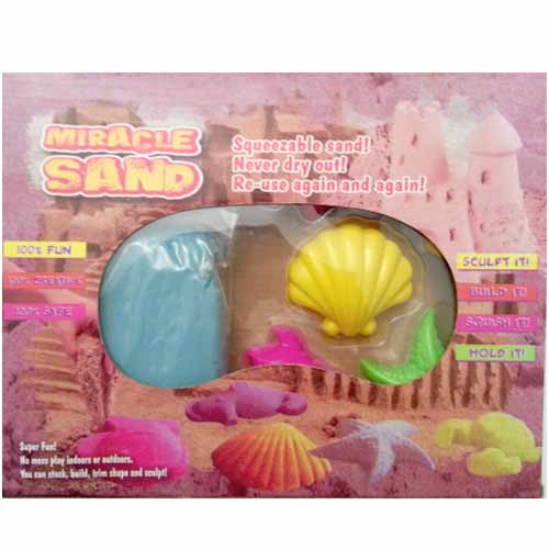 Magický piesok - sada na modelovanie za 6,99 €: 450 gramov piesku (3 vrecká po 150 g - farba oranžová, žltá, modrá), 1x lopatka, 8 formičiek