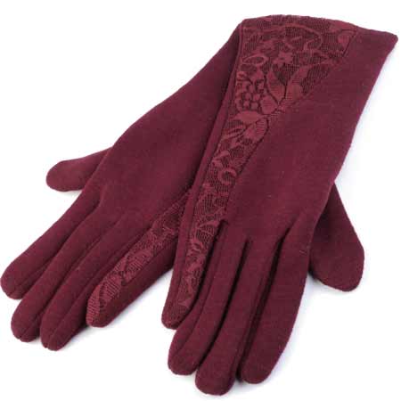 Dámske rukavice s krajkou - farba granátová - veľkosť L