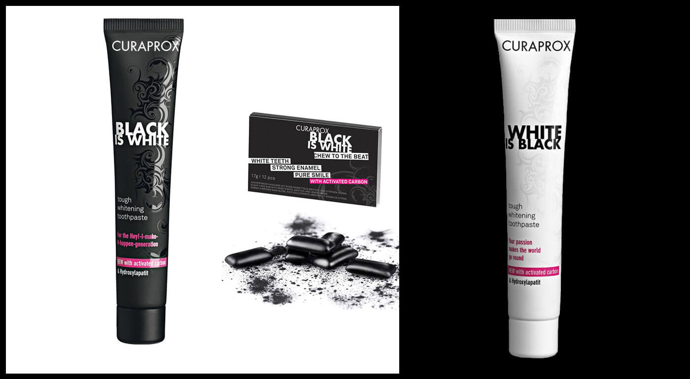 Kolekcia Black is White od Curaprox: čierna zubná pasta, výhodné sety so zubnou kefkou i bieliace žuvačky