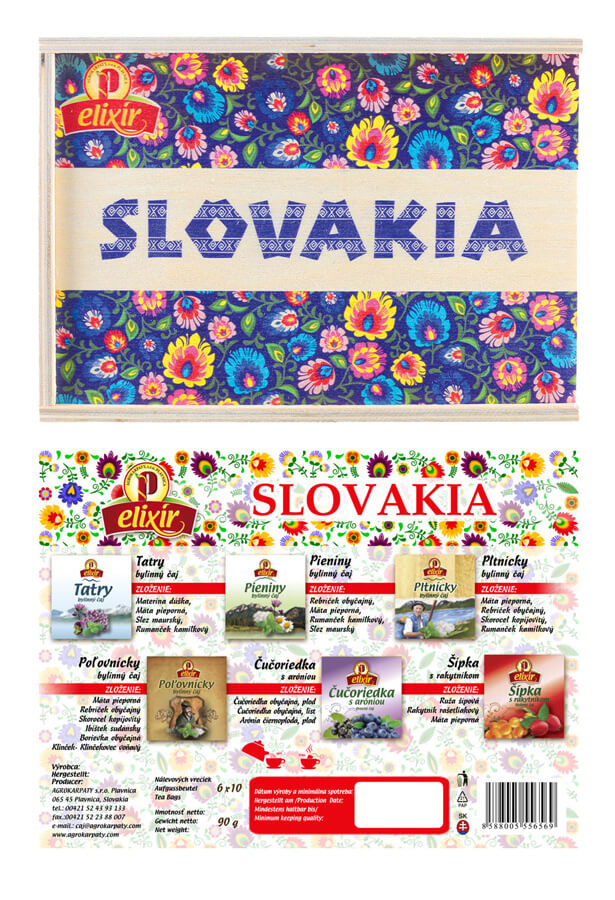 Agrokarpaty Slovakia Elixír drevená čajová kazeta - modrý vzor (10x6 druhov čajov)