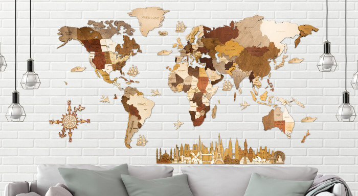 Drevená nástenná mapa sveta - sen každého cestovateľa! 3 rozmery od 120 cm do 300 cm na šírku - perfektne zapadne do vašej obývačky alebo kancelárie.