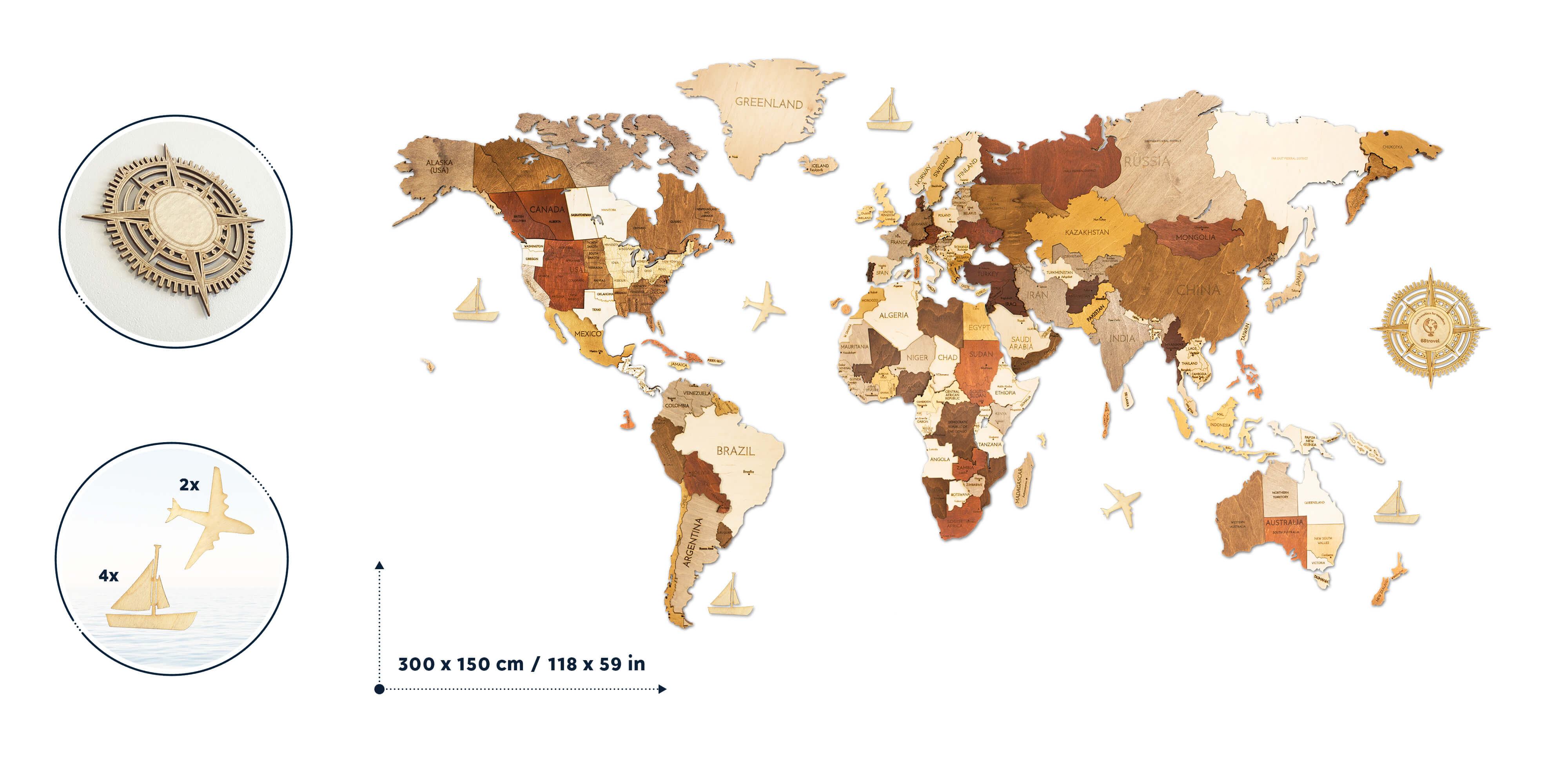 Drevená mapa sveta MEGA (rozmer 300 x 150 cm)