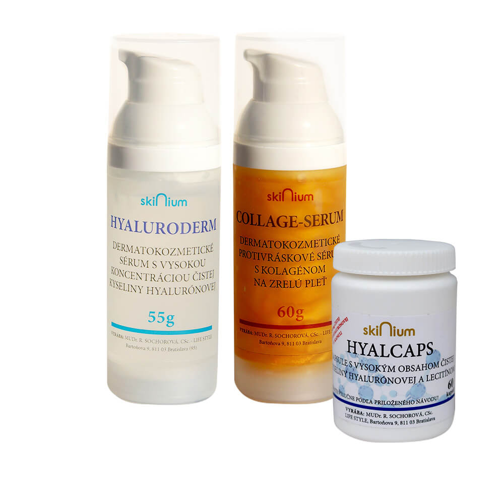 Balíček kozmetiky 1: Hyaluroderm sérum na deň 55 g, Collage sérum na noc 60 g, Hyalcaps pre celkovú hydratáciu (60 kapsúl)