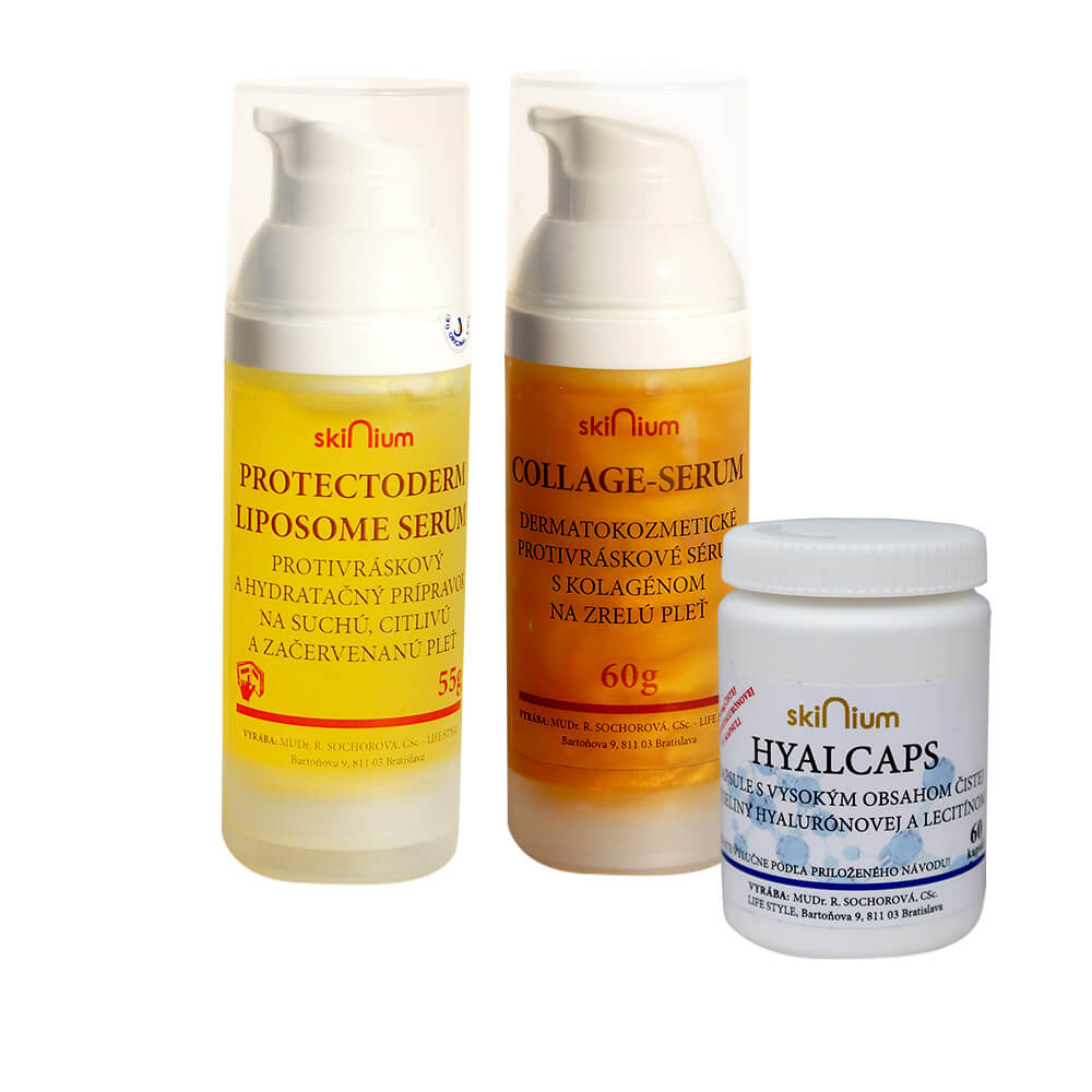 Balíček kozmetiky 2: Protectoderm na deň 55 g, Collage sérum na noc 60 g, Hyalcaps pre celkovú hydratáciu (60 kapsúl)