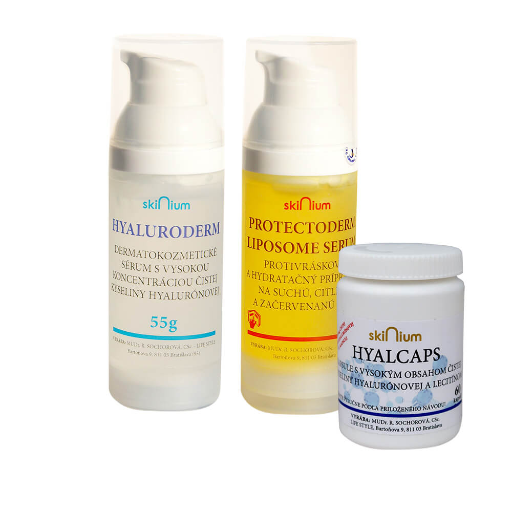 Balíček kozmetiky 3: Hyaluroderm na deň 55 g, Protectoderm na noc 60 g, Hyalcaps pre celkovú hydratáciu (60 kapsúl)