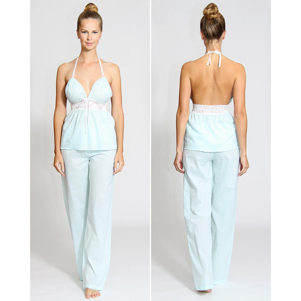 Dámske pyžamo z organickej bavlny - set (top a dlhé nohavice)- bledomodré, veľkosť L