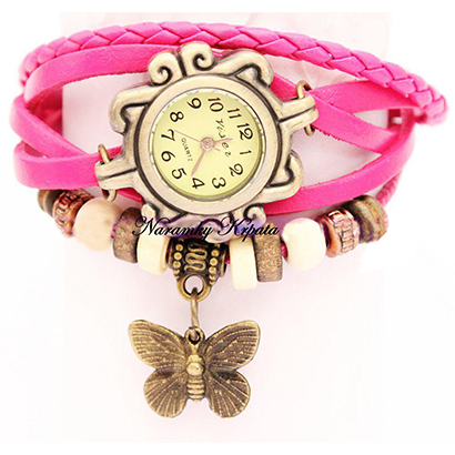Retro hodinky s motýlikom, farba ružová