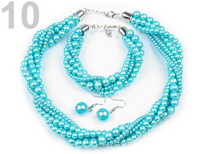 Set voskovaných perál - náhrdelník, náušnice, náramok, farba č. 10: azúrová