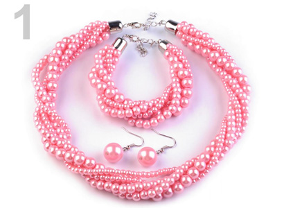Set voskovaných perál - náhrdelník, náušnice, náramok, farba č. 1: ružová