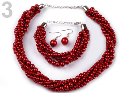 Set voskovaných perál - náhrdelník, náušnice, náramok, farba č. 3: červená