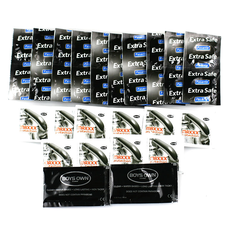 Balíček PASANTE/EXS: 20 ks kondómov Pasante Extra Safe, 10 ks kondómov Exs Max Protection, 2 ks lubrikačný gél