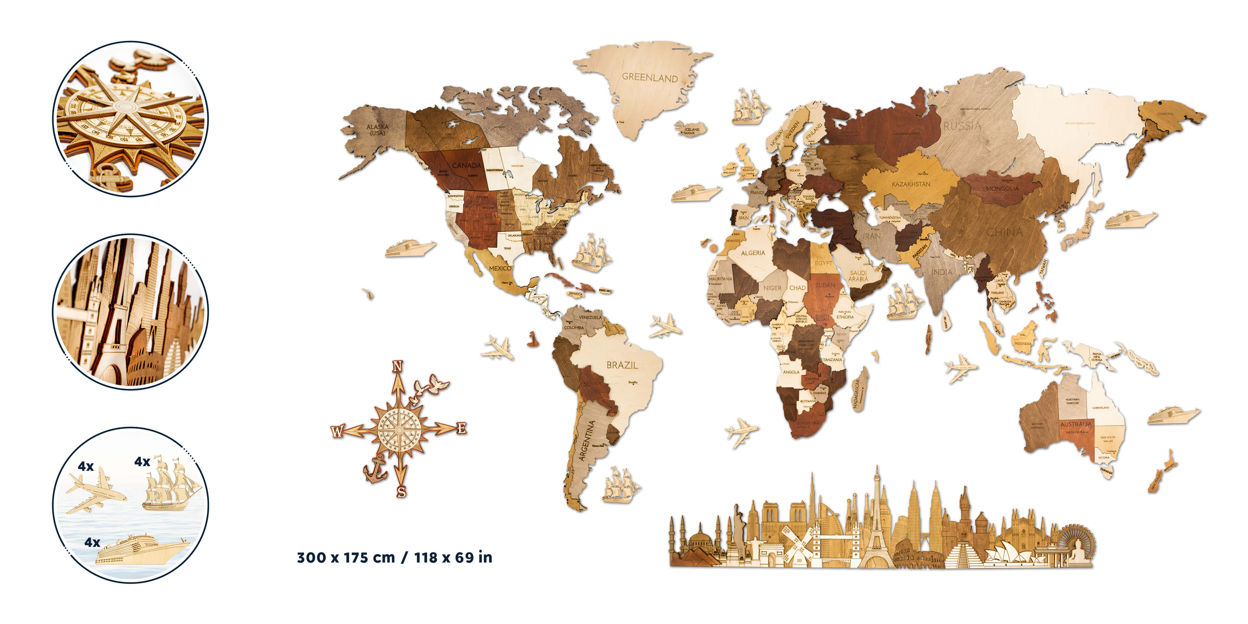 Drevená mapa sveta MEGA EXTRA - de luxe (rozmer 300 x 175 cm)